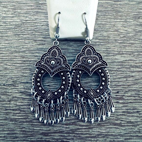 Silver Boho Chandelier Statement Earrings - Picture 1 of 2